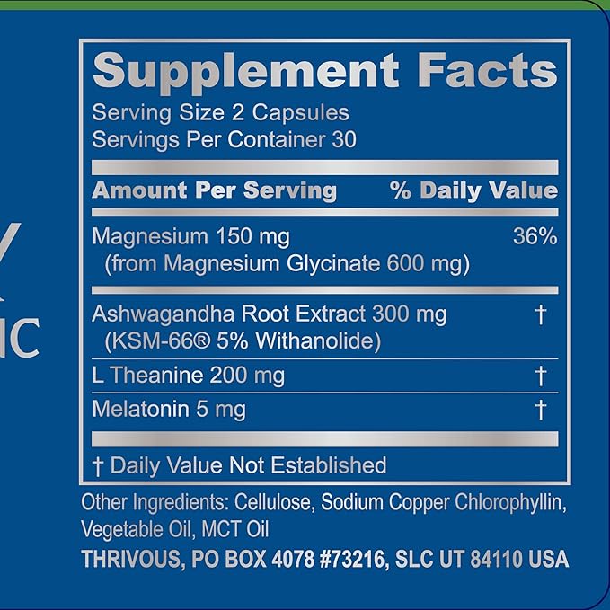 Thrivous Serenity Nightly Nootropic – Sleep &amp Relaxation Formula with KSM-66 Ashwagandha L-Theanine Magnesium Glycinate &amp Melatonin – 60 Vegan Capsules