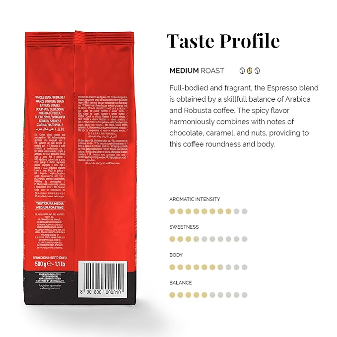 Caffe Vergnano 1882 Granaroma Espresso &amp Antica Bottega Whole Bean Arabica Medium Espresso Roast Coffee 1.1lbs Bag - Italian Coffee Beans -500g Bag (3 Pk)