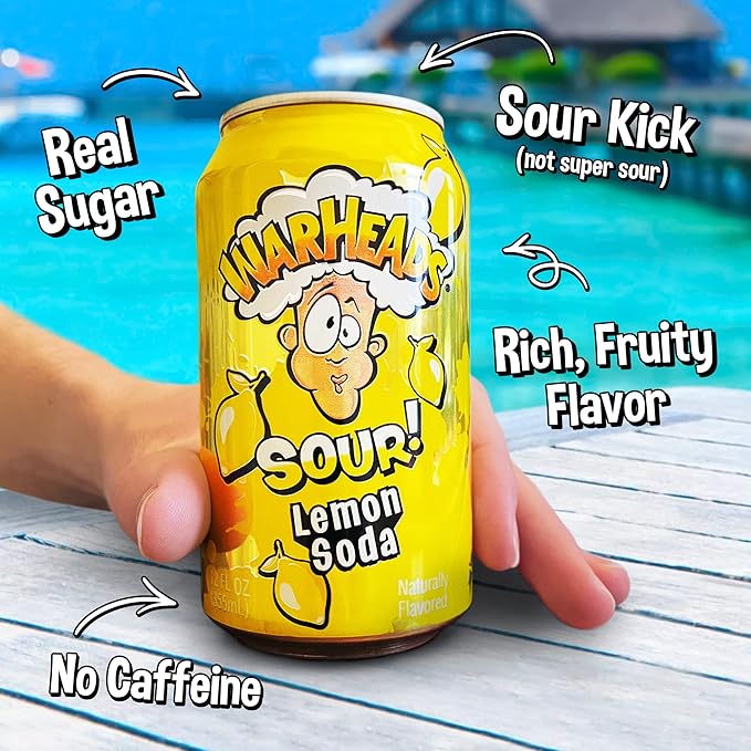 Sour Fruity Soda with Classic Warheads Flavors – Perfectly Balanced Sweet and Sour Soda - Warheads Candy Throwback Treat Soda Cocktail Mixer Pack of 12 12oz Cans (Lemon)