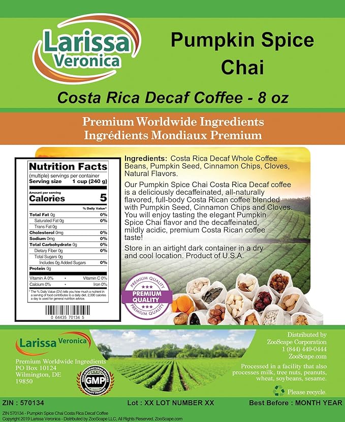 Pumpkin Spice Chai Costa Rica Decaf Coffee (Gourmet Naturally Flavored Whole Coffee Beans) (8 oz ZIN: 570134) - 3 Pack