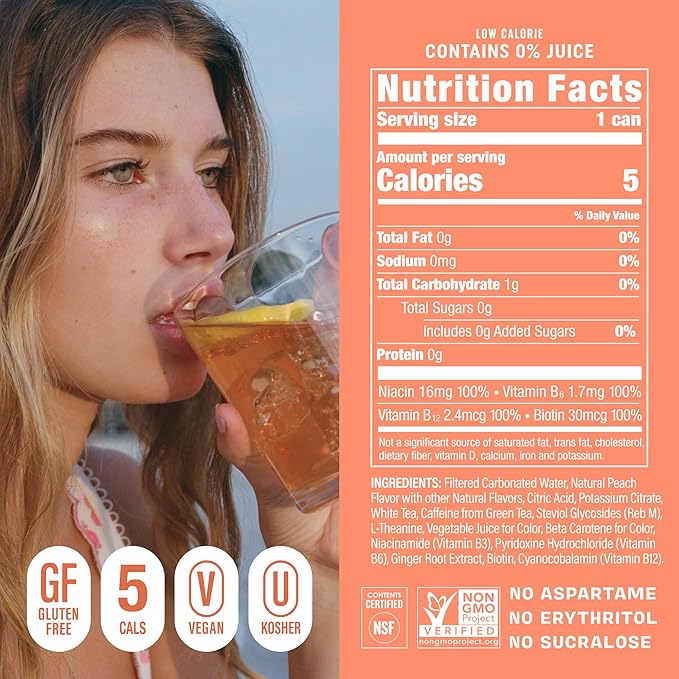 GORGIE Sugar Free Natural Energy Drinks Peach (12 Pack) - Healthy Energy Drinks - Natural Coffee Replacement with Green Tea Caffeine and Biotin - 150mg Caffeine Vegan &amp Low Calorie