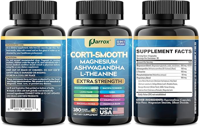 Corti-Smooth Cortisol Supplement Magnesium L-Theanine Ashwagandha Magnolia Bark Panax Ginseng Bacopa Monnieri GABA Lions Mane Ginkgo Biloba Phosphatidylserine Valerian Root (180 Caps)