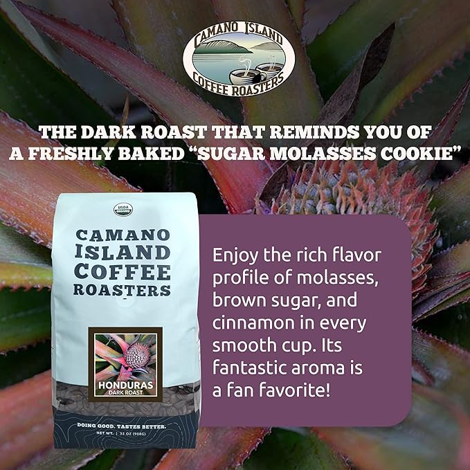 Camano Island Coffee Roasters Roasters Honduras Dark Roast Whole Bean 2lb Fresh Small Batch Roasted USDA Organic Fairly Traded Shade Grown Top 1% Arabica - Molasses Brown Sugar Cinnamon Flavor