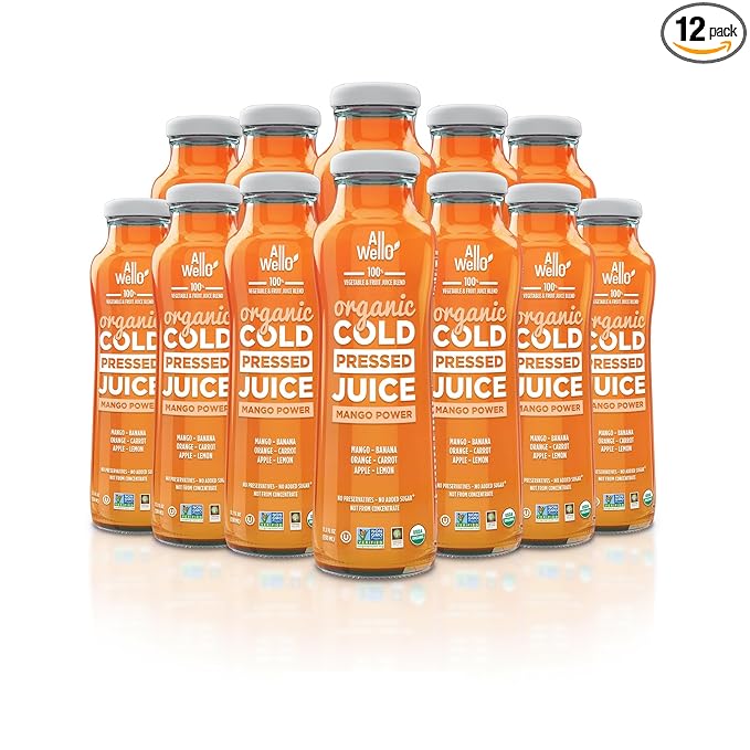 AllWellO Organic Cold Pressed Juice Drinks with Real Fruits and Vegetables Gluten Free Non-GMO Healthy Juices No Preservatives No Sugar Added (Mango Power 12 Pack)