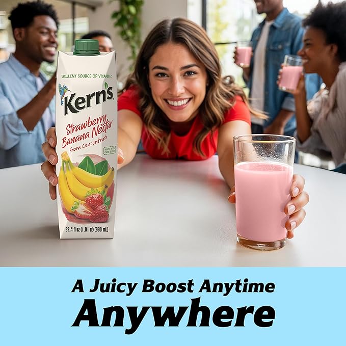 Kern’s Strawberry Banana Nectar Juice - Made with Fresh Fruit Puree - Tropical Fruit Juice Concentrate for Smoothie Mix Cocktail Mixers Kids Drinks &amp Mexican Beverages - 32.4oz 12 Pack Carton