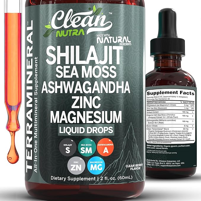 Clean Nutraceuticals Shilajit Liquid Drops with Sea Moss Ashwagandha Zinc Magnesium Liquid Vitamins for Women and Men - Terra Mineral