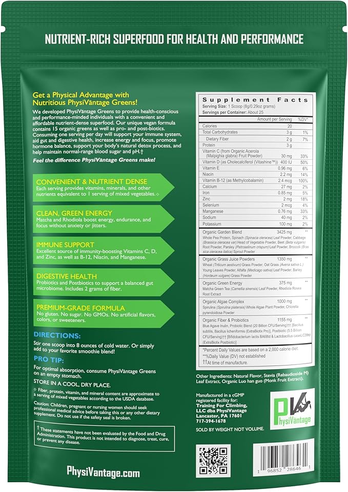 PhysiVantage Supercharged Collagen Peptides Powder - Unflavored &amp Organic Greens Powder