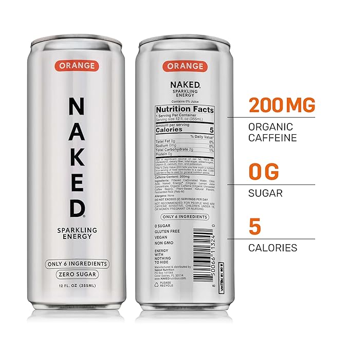 Naked Sparkling Energy Drink - Orange Organic Caffeine Organic Lemon Juice Zero Sugar No Sucralose Naturally Sweetened Clean Energy Drinks Vegan Gluten-Free Non-GMO - 12oz Cans (Pack of 12)