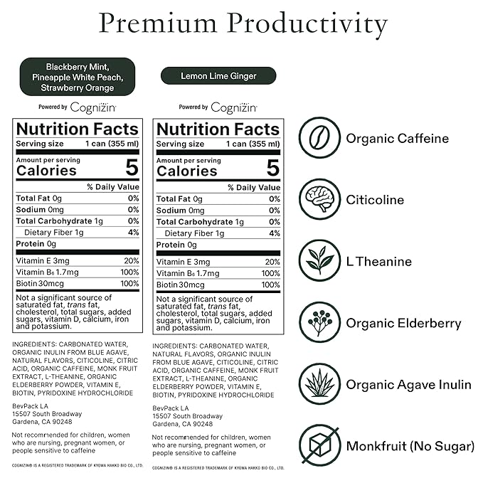 Drink Staed Assorted Flavors Productivity Drink Sparkling Functional Beverage 12-Pack – Blackberry Mint Lemon Lime Ginger Pineapple White Peach &amp Strawberry Orange with Cognizin® Citicoline &a