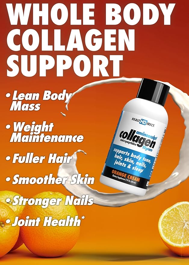 HEALTH DIRECT – Medical-Grade Liquid Collagen Shots – AminoSculpt Sugar-Free – Orange Cream – 12 Servings (12pk 2oz Shots) – Good for Joints Bones &amp Sleep – Better Hair Skin &amp Nails