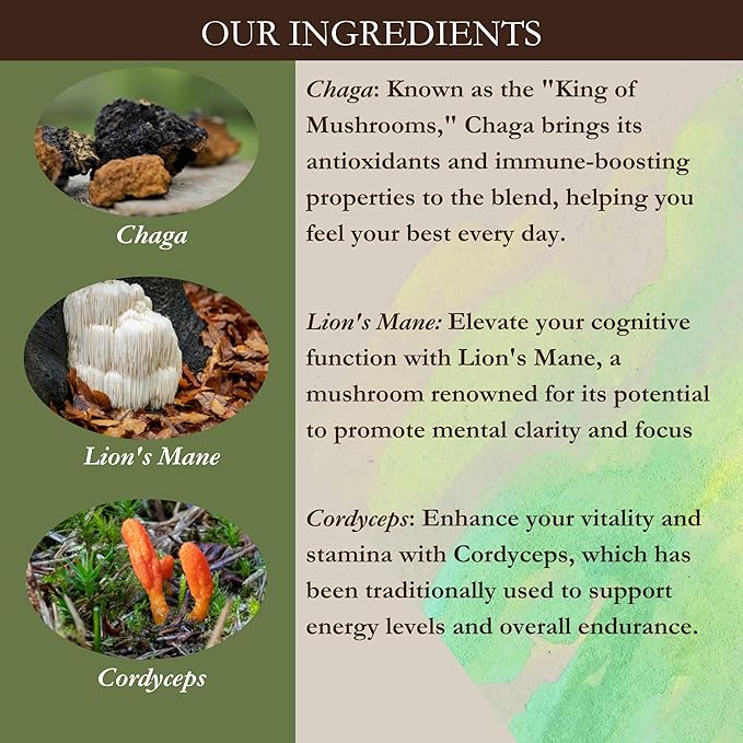 Premium Blend USDA Certified Organic Ground Mushroom Coffee - No Sugars or Sweeteners Lion's Mane Chaga Cordyceps and more - Nootropic Concentration blend for sharper focus memory and immunity