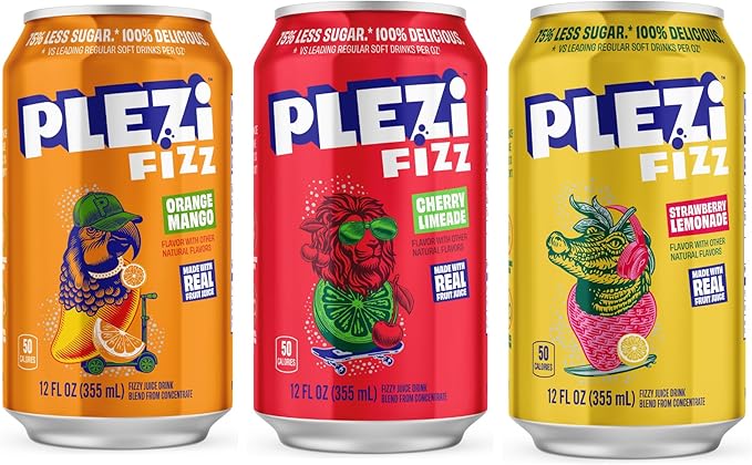 PLEZi FiZZ Sparkling Juice Drink Variety Pack – Orange Mango Cherry Limeade &amp Strawberry Lemonade – No Added Sugar Low Sugar Soda Alternative with Real Fruit Juice &amp Fiber – 12 Fl Oz (36 Pac