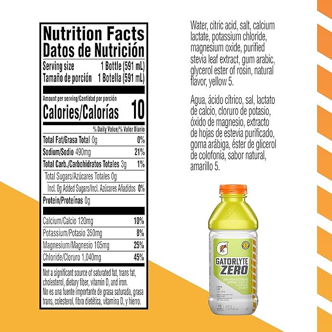 Gatorlyte Zero Electrolyte Beverage Lemon Lime Zero Sugar Hydration Specialized Blend of 5 Electrolytes No Artificial Sweeteners or Flavors 20 Fl Oz Bottles (Pack of 12)