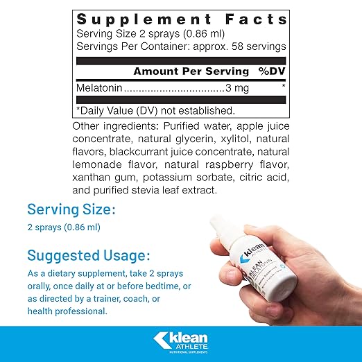 Klean Athlete Klean Melatonin | Sleep Supplement to Support Healthy Sleep-Wake Cycles and Exercise Recovery | 1.7 Ounces Liquid Spray | Raspberry Lemonade Flavor