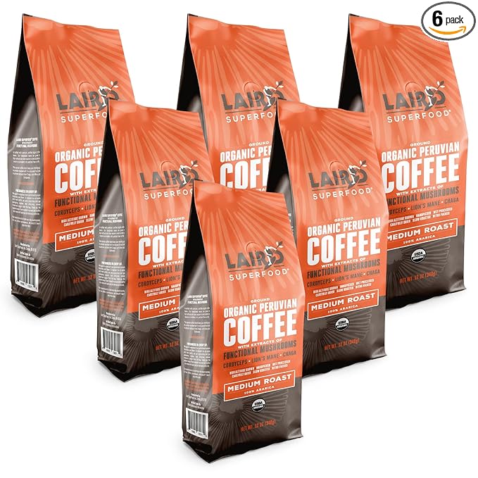 Laird Superfood Peruvian Medium Roast Coffee with Functional Mushrooms Certified Organic Peruvian Ground Coffee Beans Gluten-Free Dairy-Free Non-GMO Paleo Keto Friendly 12 oz. Bag Pack of 6