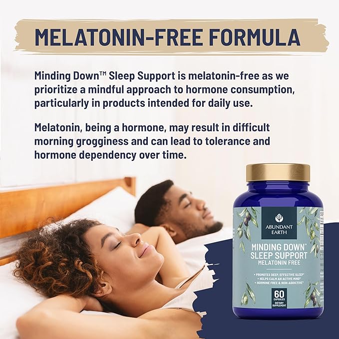 Abundant Earth Natural Sleep Aid for Adults Minding Down Sleep Support Supplement Max Strength Deep Sleep Supplement Without Melatonin to Calm &amp Restore The Sleeping Cycle + Magnesium GABA 60ct