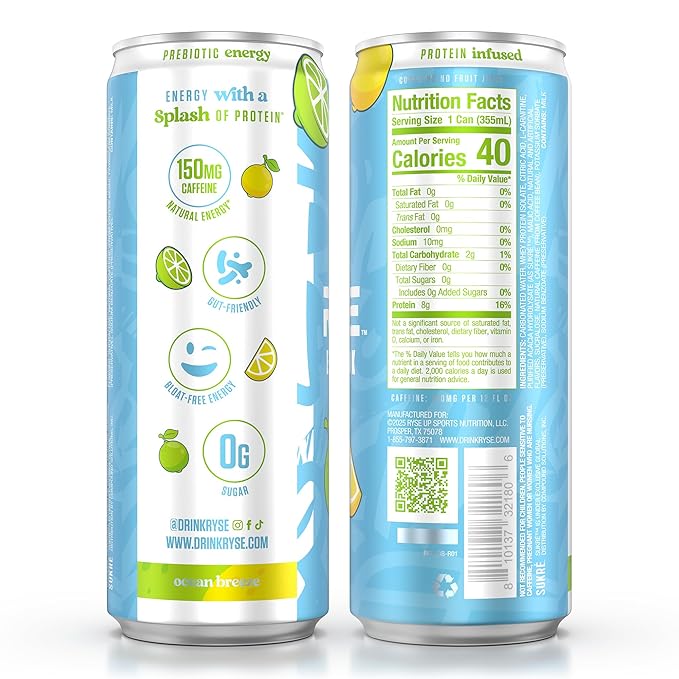 RYSE Functional Energy Drink - Ocean Breeze - 150mg Natural Caffeine 8g Whey Protein &amp 1g Prebiotics - Sugar Free Gut-Friendly Bloat-Free - 12 fl oz Cans (12-Pack)