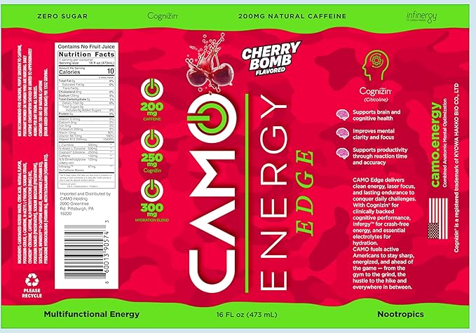 CAMO Energy Edge Cherry Bomb Energy Drink 16oz Cans 12 Pack Ultra Premium Caffeine Blend with Infinergy® DiCaffeine Malate Cognizin® Citicoline for Cognitive Fitness Zero Sugar
