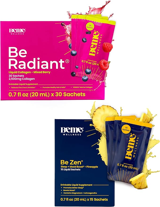 BeMe BeRadiant Berry &amp BeZen Bundle - Liquid Collagen &amp Magnesium Glycinate L-Theanine Supplements
