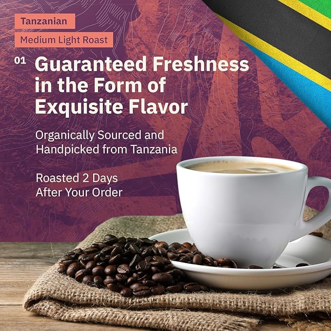 Tanzanian Peaberry Coffee Ground - Single Origin Medium Light Roast Roasted To Order Ground Coffee Specialty Grade Fair Trade and Non-GMO Floral and Fruity Notes - 12 oz