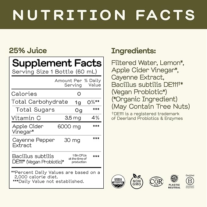 Greenhouse Juice Organic Inside Job Wellness Shots Cold Pressed Digestive Aid with Apple Cider Vinegar Lemon Shots Juice Vegan &amp Gluten-Free (2 Oz Pack of 12)