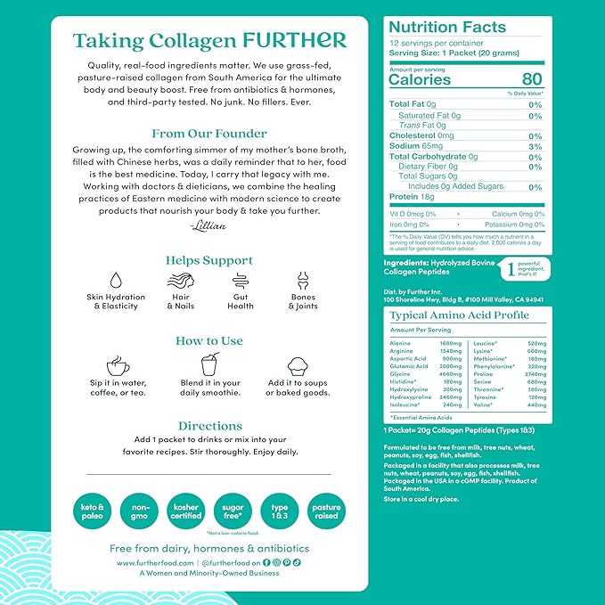 Further Food Unflavored Collagen Peptides Powder - 100% Grass-Fed Hydrolyzed Type 1 &amp 3 20g of Collagen per Serving Supports Skin Hair Nails &amp Joints Stick Packs 8.47 Oz