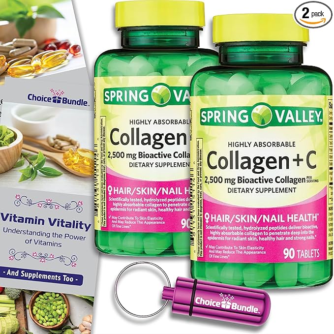 Spring Valley Highly Absorbable Collagen + Vitamin C Tablets Hair Skin Nail Health 2500 mg 90 Ct 2 pk (180 Total) + Vitamin Vitality &amp Pill Container (4 Items)!