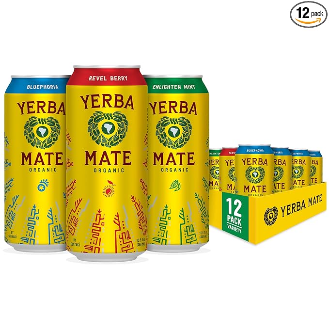 Yerba Madre Organic Yerba Mate Variety Pack 150mg Natural Caffeine Energy Drink Alternative No Jitters or Crash 15.5 Oz Cans (Pack of 12)