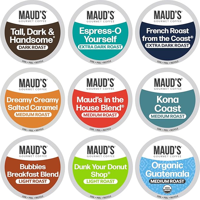 Maud's Original Coffee Pods Variety Pack 80 ct 9 Assorted Roasts Dark &amp Medium Roast Coffee in Single Serve Pods – 100% Arabica Coffee Compatible with Keurig K Cups Maker