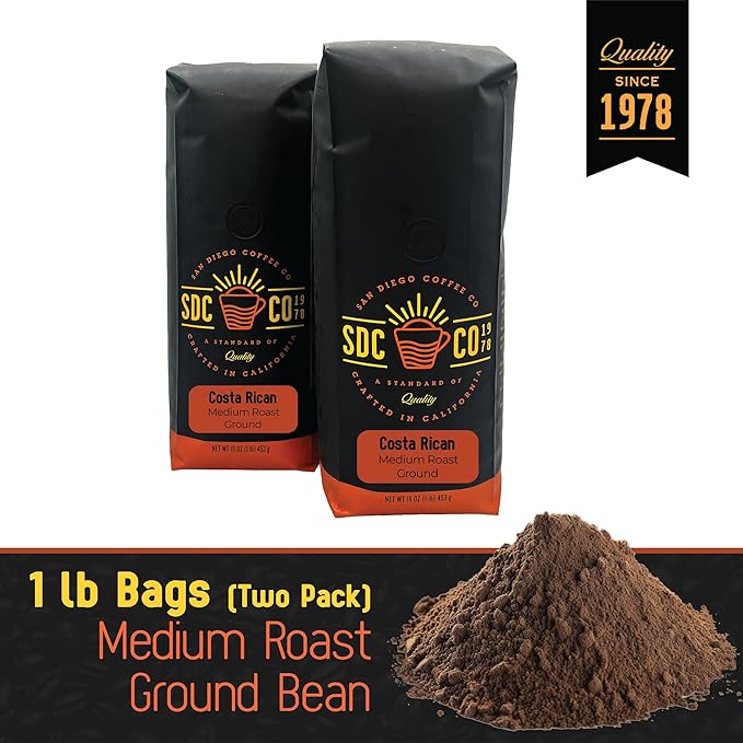 San Diego Coffee Costa Rican Medium Roast Ground Coffee 16-Ounce Bags (Pack of 2) Café molido tostado