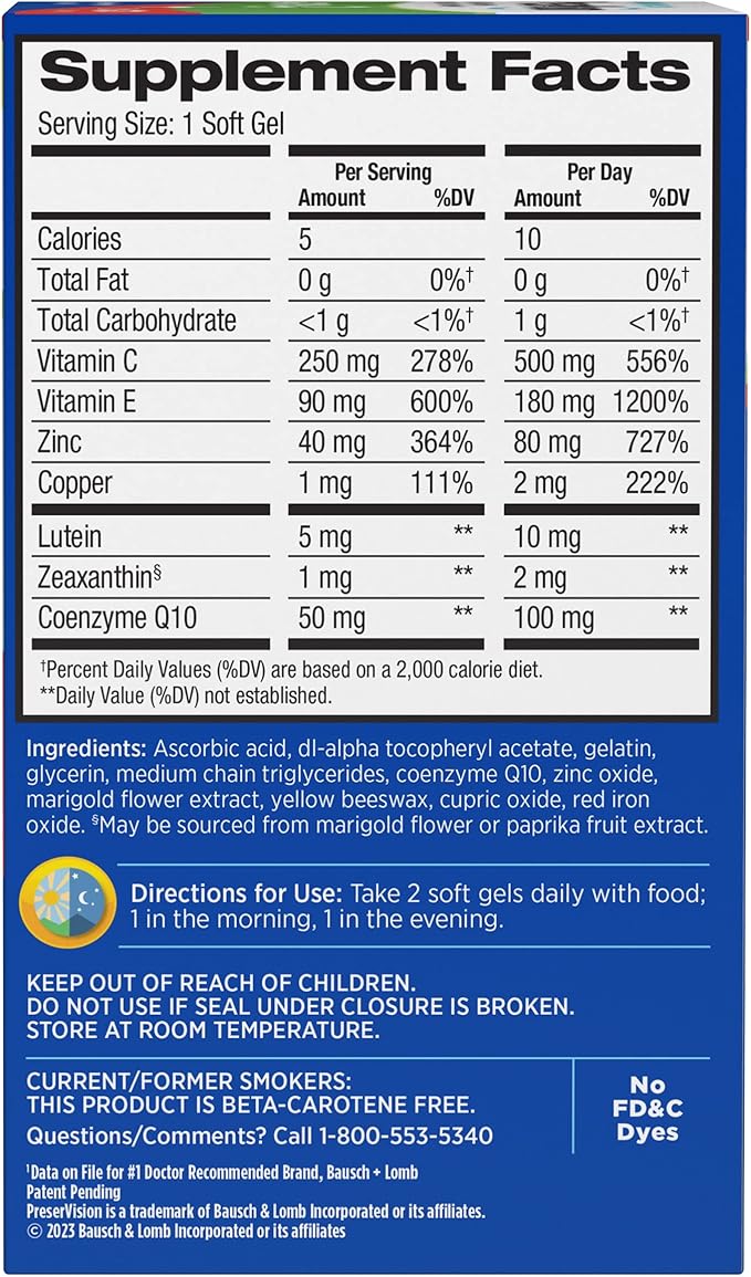PreserVision AREDS 2 Eye Vitamins with CoQ10 for Heart Health #1 Eye Doctor Recommended Brand Lutein and Zeaxanthin Supplement with Vitamin C &amp E Zinc and Copper 100 Softgels