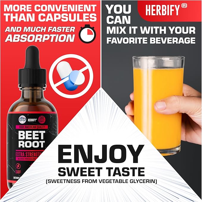 HERBIFY Beet Root Extract - Blood Pressure Supplement &amp Nitric Oxide Booster - Beetroot Supplement for Heart Health and Energy Booster for Men &amp Women (30 Days Supply) Made in USA 2 FL Oz