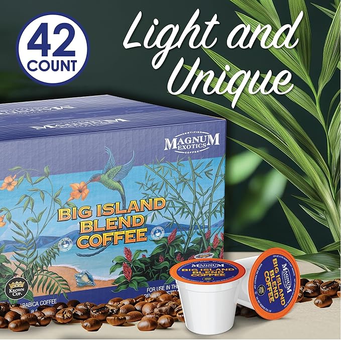 Magnum Exotics Big Island Blend Coffee Pods - Coffee Cups Compatible with K Cup Keurig Breakfast Light Roast Bulk Premium Blend Fast Single-Serve Capsules - 42 Count