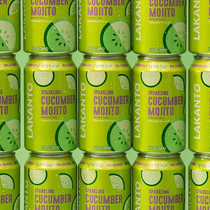 Lakanto Sparkling Cucumber Mojito Mocktail Non Alcoholic Drink - 0g Sugar Naturally Sweetened with Monk Fruit &amp Allulose Ready to Drink Better for You Soda Pop (24 Pack)