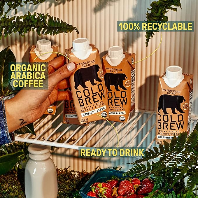 Wandering Bear Straight Black Organic Cold Brew Coffee On-the-Go - Extra Strong Bold Smooth Unsweetened Shelf-Stable Ready to Drink &amp Vegan 100% Organic Iced Cold Brewed Coffee Drink -11 fl