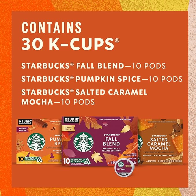 Starbucks K-Cup Coffee Pods Fall Bundle Medium Roast and Naturally Flavored Coffee for Keurig Brewers 100% Arabica Limited Edition 3 Boxes (30 Pods Total)