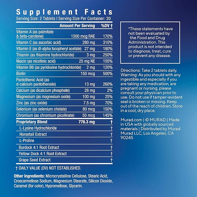 Murad Pure Skin Acne Supplements – 60 Tablets – Clear Skin Support with Blend of Vitamin A &amp B6 Zinc Amino Acids &amp Burdock Root – Promotes Healthy Skin Oil Balance Gut Health &amp Stress