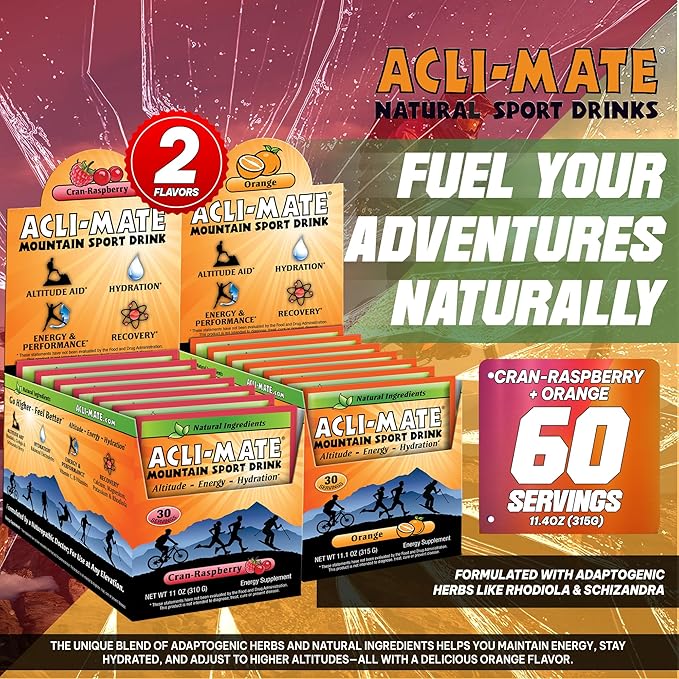 Acli-Mate Mountain Sport Drink Mix Variety Pack – High Altitude Acclimatization Electrolyte Powder Packets – CranRaspberry &amp Orange Flavors for Energy Hydration and Recovery (60 Total Packets)