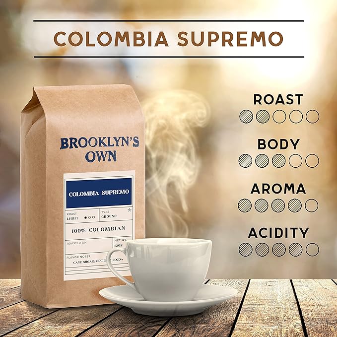 Brooklyn's Own Light Roast Columbia Supremo Ground Coffee - 100% Colombian Grounds (5 LB)