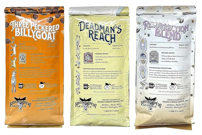 Raven's Brew Ground Coffee Variety Pack - 3 Delicious Flavors - Three Peckered Billy Goat Deadman's Reach and Resurrection Blend - 12 oz each