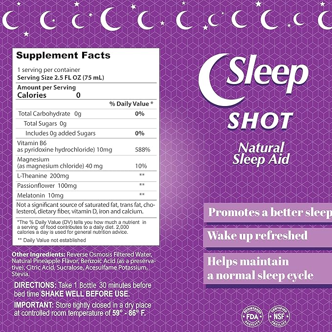 ALFA VITAMINS Sleep Shot Contains 10 MG of Melatonin Vitamin B6 L-Theanine for Healthy Sleep &amp Night time Routine- 2.4oz Shot Bottle - 80 Pack