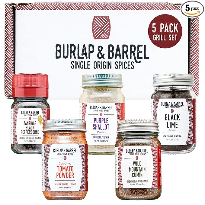 Burlap &amp Barrel BBQ Rub &amp Seasoning Gift Set – 5 Jars of Single-Origin Spices Including Zanzibar Black Peppercorns – Meat &amp Grill Seasoning - As seen on Shark Tank