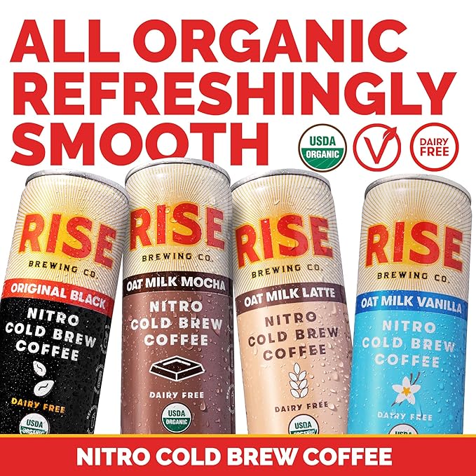 RISE Brewing Co. Nitro Cold Brew Coffee Organic Non-GMO Clean Energy &amp Low Acidity 3x Original Black Oat Milk Latte Oat Milk Mocha &amp Oat Milk Vanilla 7 Fl. oz. Cans (12 pack)