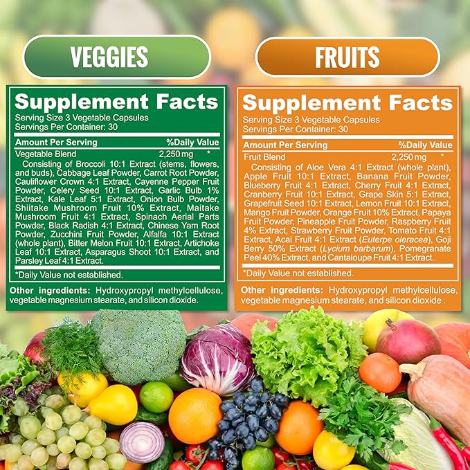 Fruit and Veggie Supplements-90 Fruits 90 Veggies Capsules to Boost Energy Level - Whole Food Fruits and Vegetable from Super Foods - Made in USA - Soy &amp Vegan Free (Pack of 2)…