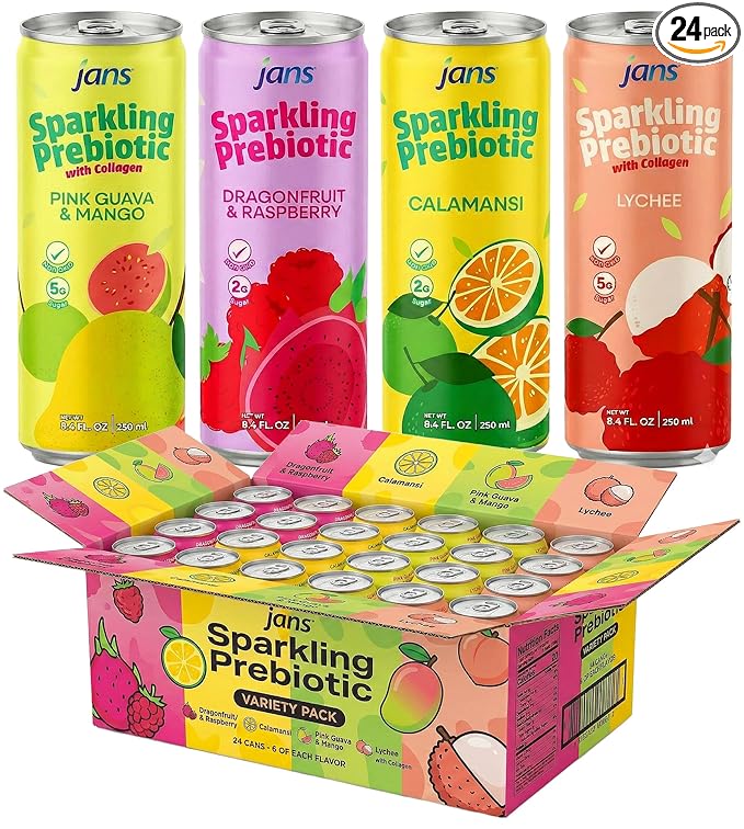Jans Sparkling Prebiotic Drink Soda Beverage 8.4 Fl Oz (24-Pack Variety Flavors) – Low Calorie NO Added Sugar Non-GMO Sparkling Fruit Beverage Gut Health Support
