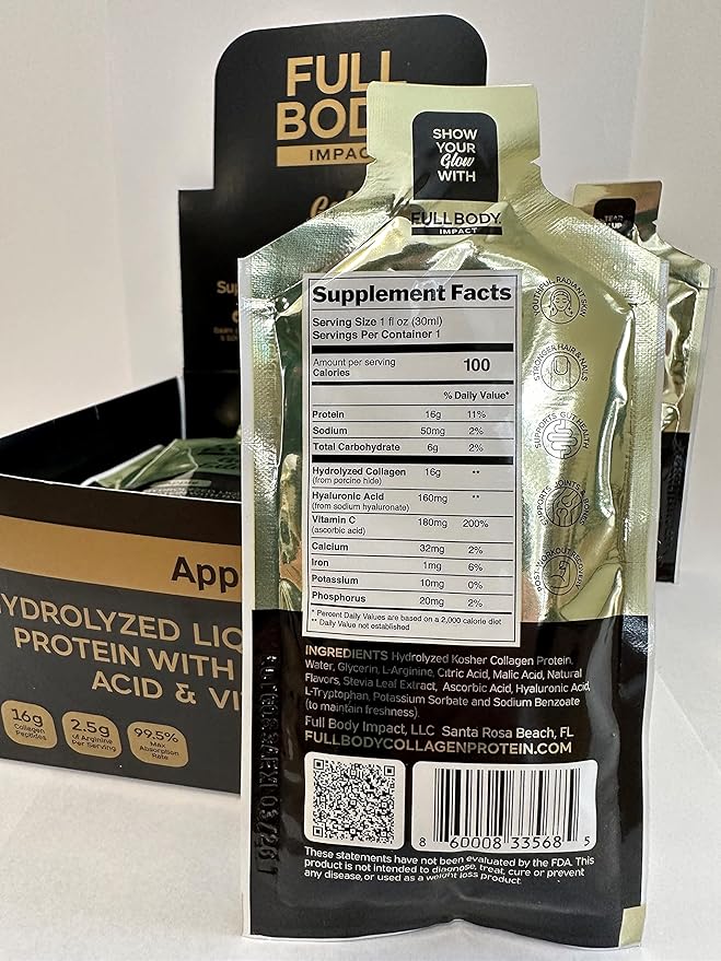 Liquid Collagen Protein w/Hyaluronic Acid &amp Vitamin C - Gold Edition (Apple) 16000mg (16g) Hydrolyzed Collagen Peptides Supplement - 1oz Packets (Box of 24)