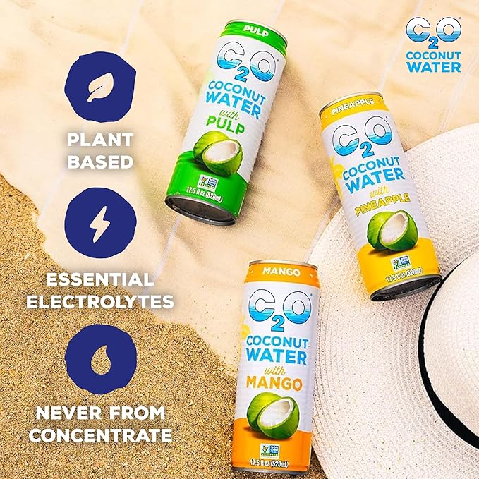 C2O - Coconut Water with Ginger Lime &amp Turmeric (12 Pack) - Made with Fresh Coconut Water - Plant Based - Non GMO - Canned Water - Natural Hydration Electrolytes &amp Potassium - 12 Cans 17.