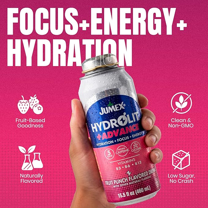 Jumex Hydrolit +Advance Hydration Energy Drinks - 90 Calorie Fruit Punch Sports Drinks - Non Carbonated Electrolyte &amp Vitamin Water with Ions Choline B3 B6 B12 &amp Natural Caffeine - 15.5oz