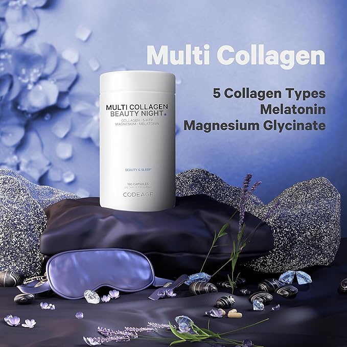 Codeage Multi Collagen Protein Beauty Night - Melatonin Magnesium Bisglycinate 5-HTP L-Theanine English Lavender Flower Bone Broth - Vitamins - Supplement - Sleep Pills - Non-GMO - 150 Capsules