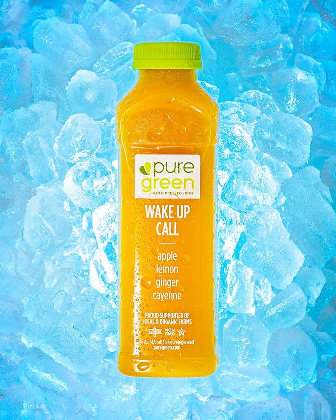 Pure Green Cold Pressed Juice - Wake Up Call - Fresh Functional Blend with Apple Ginger Lemon Cayenne - Natural Gluten Free Non-GMO No Artificial Colors or Flavors - Made from Real Fruits &amp